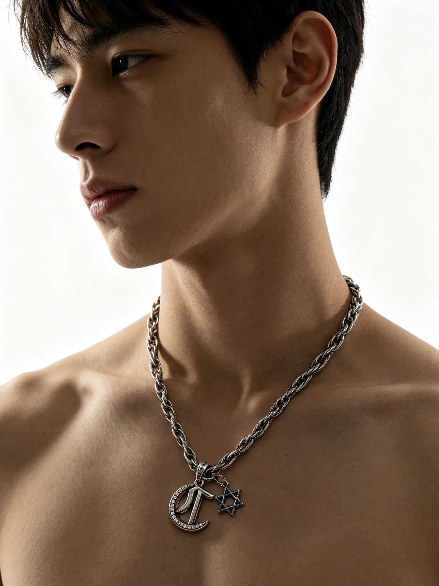 Chrome Hearts Silver Chain with Crescent and Star Design